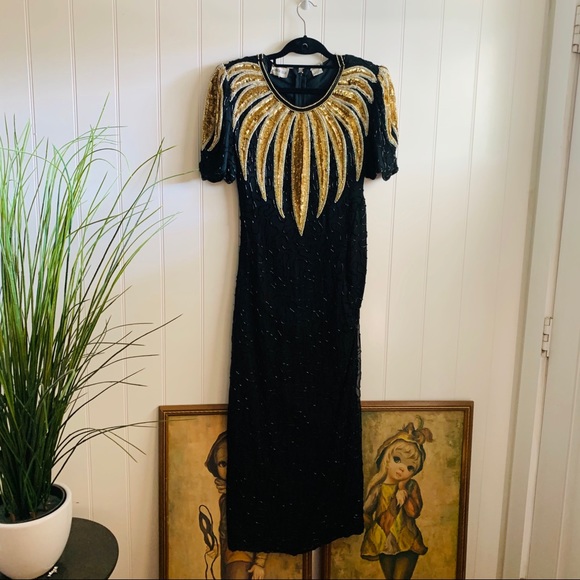 Vintage Denise Elle Black Silk Sequined Gown - Picture 1 of 8
